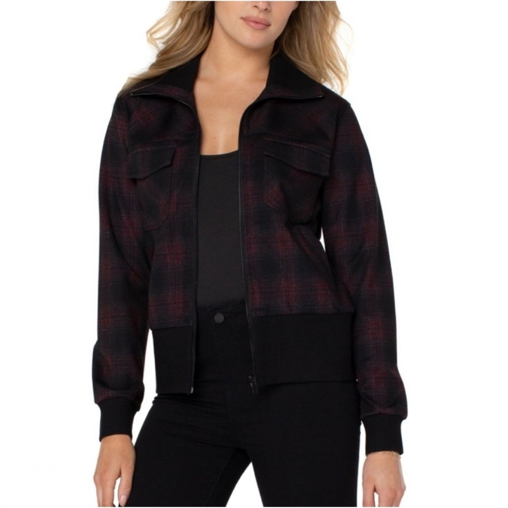 Liverpool Rib Collar Bomber Zip Jacket Black Red Shadow Plaid size Medium